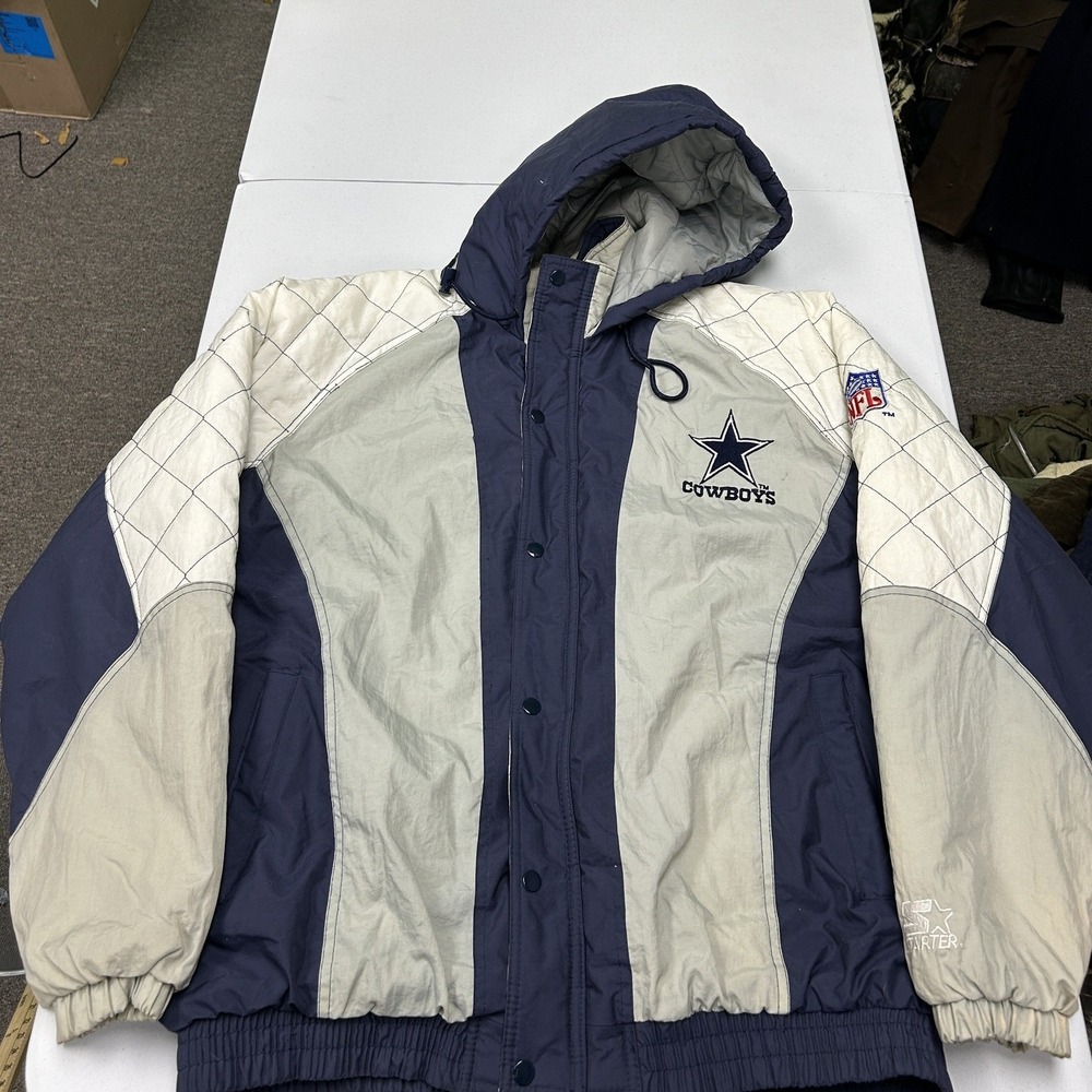 Starter Dallas Cowboys Jacket Mens L Navy Blue Vintage 90s Hooded Puffer NFL